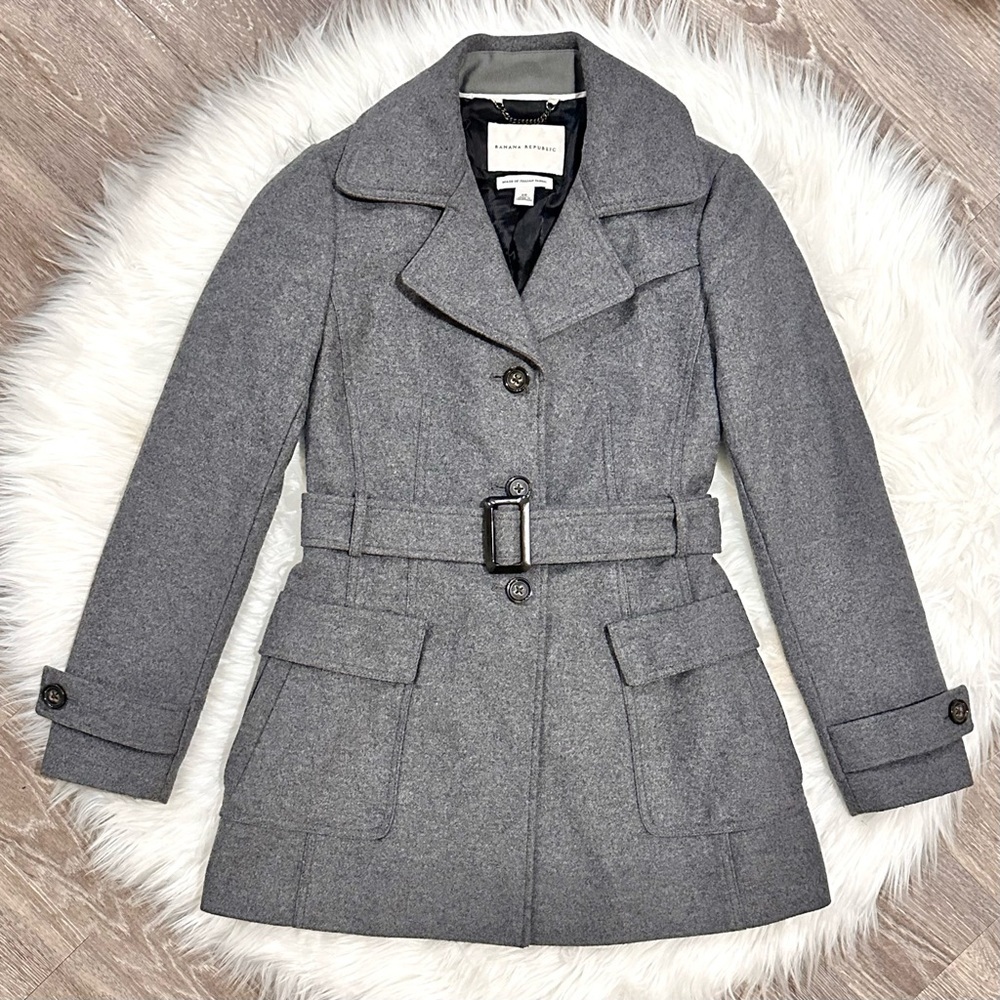 Banana Republic Grey Belted Wool Blend Pea Coat
